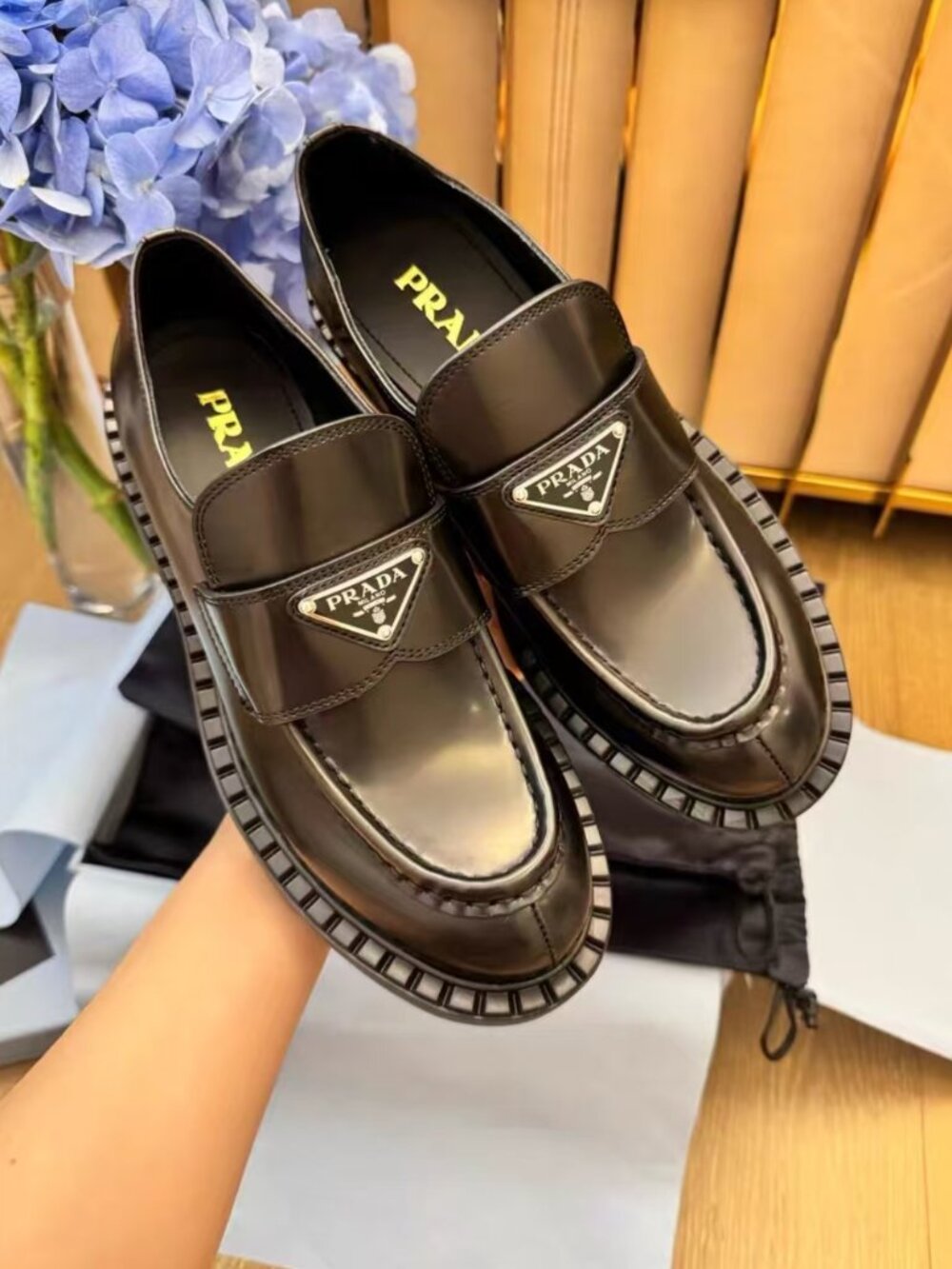 Prada Polished Leather Chunky Heel Loafers